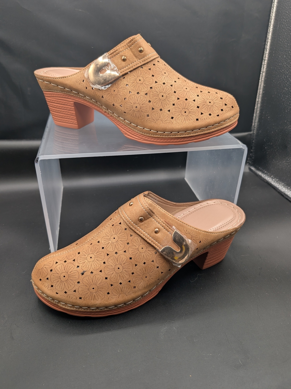 Women’s Brown Floral Perforated Slip-On Heeled Clogs